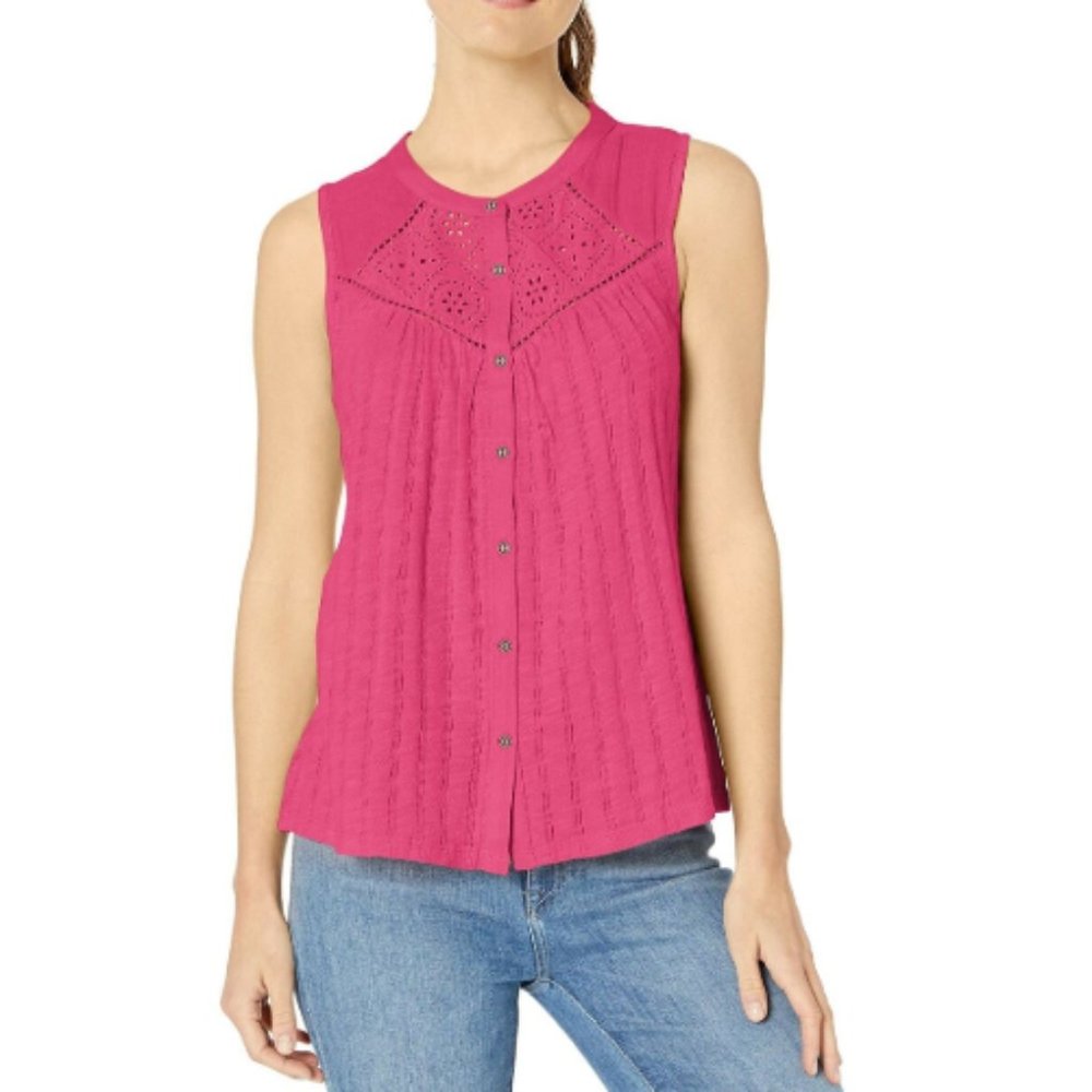 NWT Lucky Brand Eyelet Yoke Tank Top Button Pink